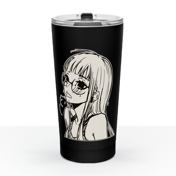 Glasses are a Target Coffee Engraved Travel Mug