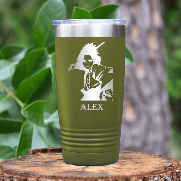 Military Green Anime Tumbler With Cool Guy Silhouette Design