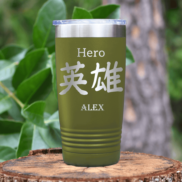Military Green Anime Tumbler With Hero In Japanese Design