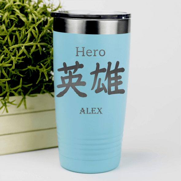 Teal Anime Tumbler With Hero In Japanese Design